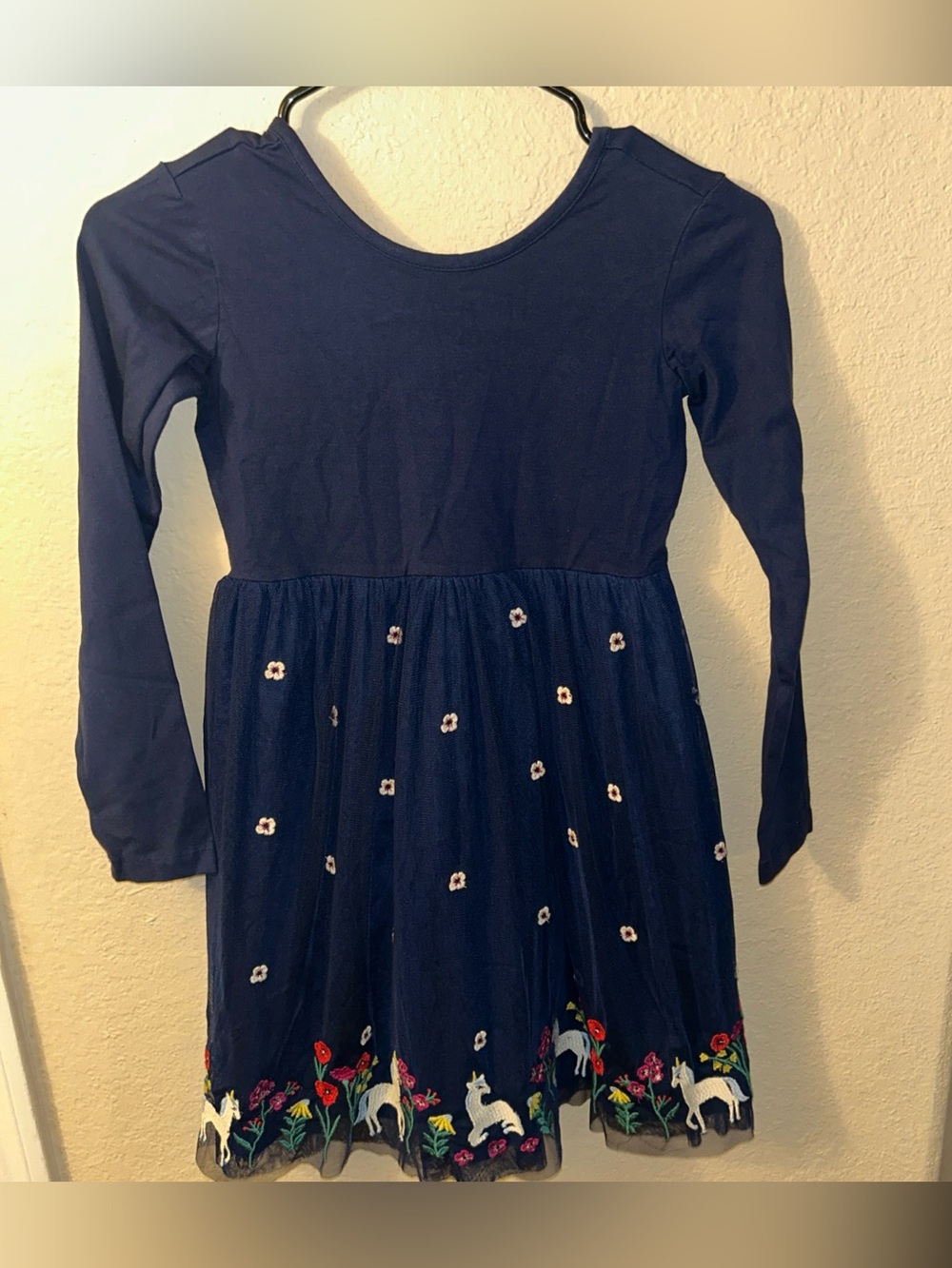 Hanna Andersson Girls Navy Unicorn Star Tulle Dress Long Sleeve Size 8 130cm